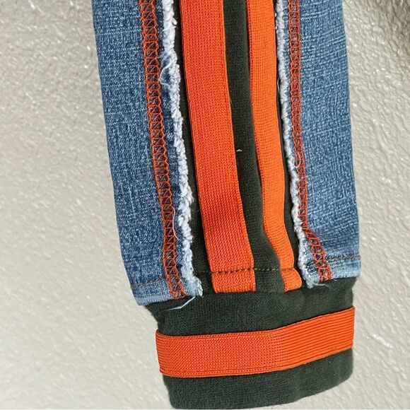 Vintage Fubu Women's Denim Zip Up Jacket with Orange and Green Stripe Accents L - Picture 5 of 16